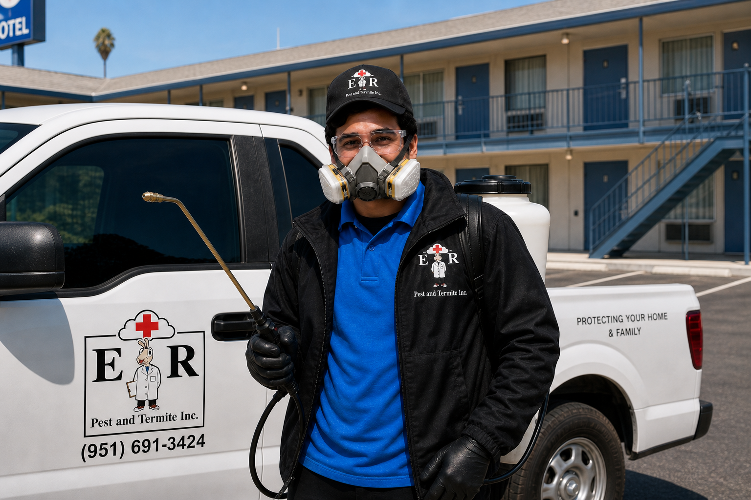 ER Pest and Termite for bug service in front of a motel in San Bernardino CA