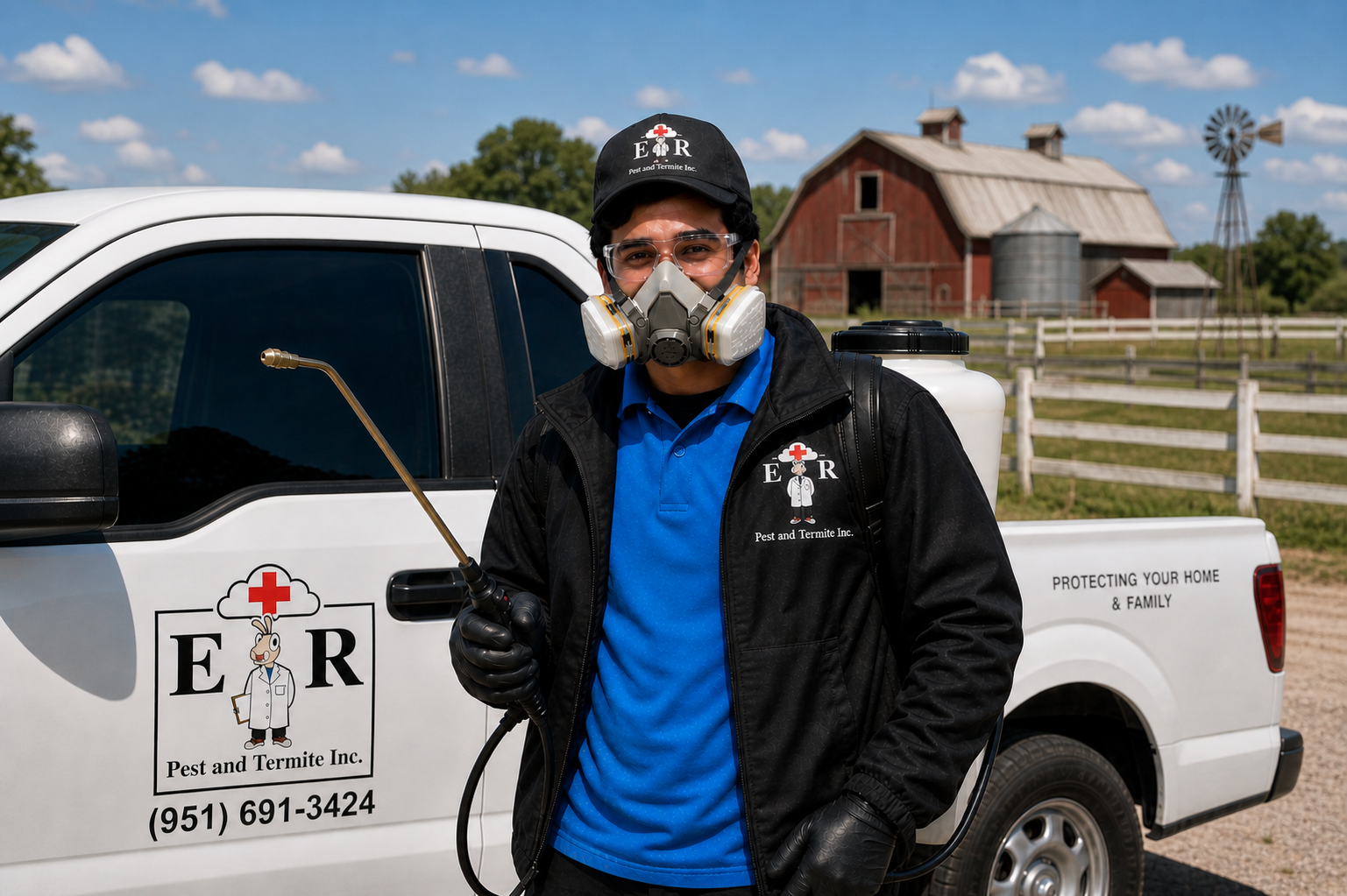 Ricardo Duran in front of farmhouse doing commercial pest control for ER Pest and Termite