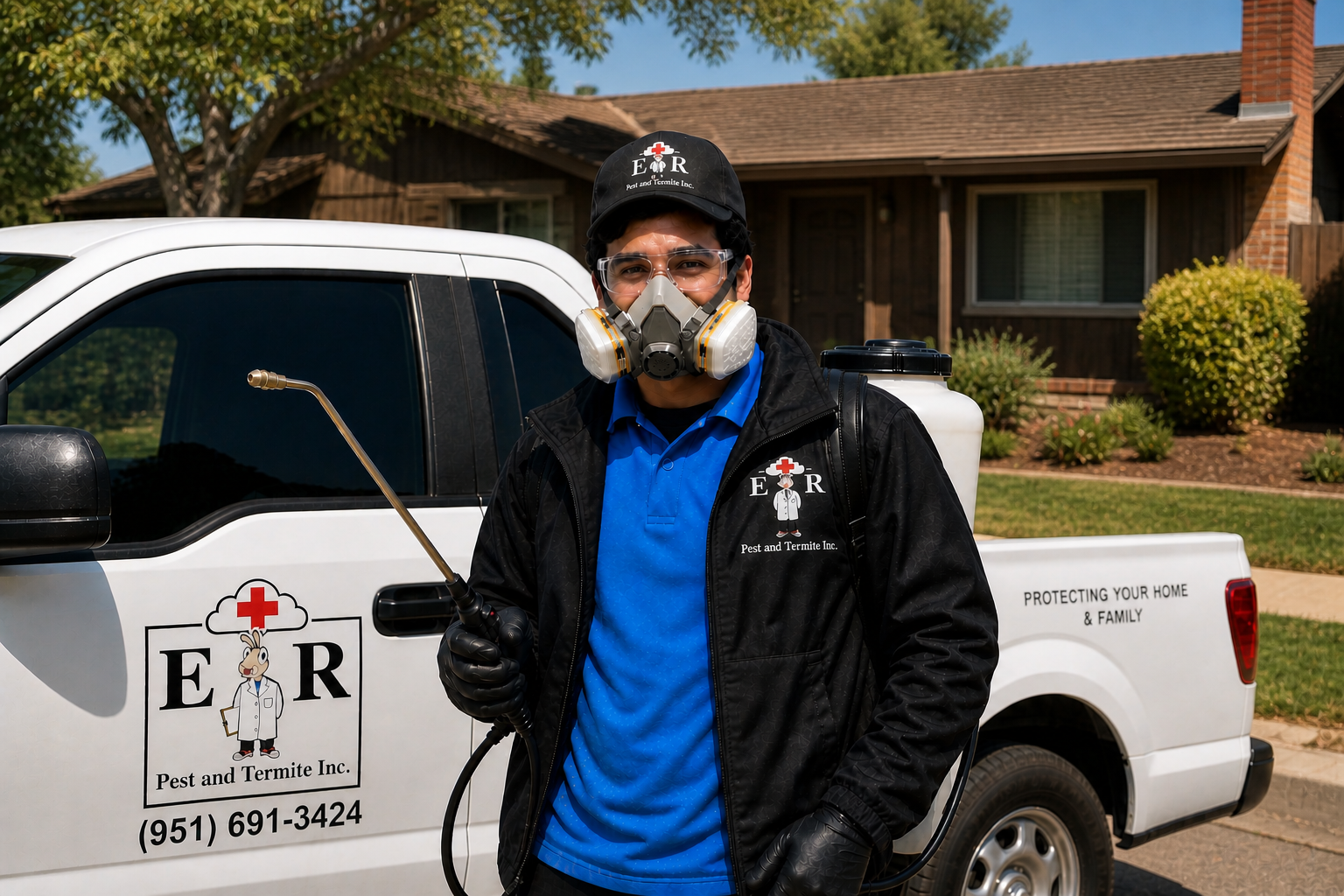 Ricardo from ER Pest and Termite ready for termite treatment in front of a wooden home.