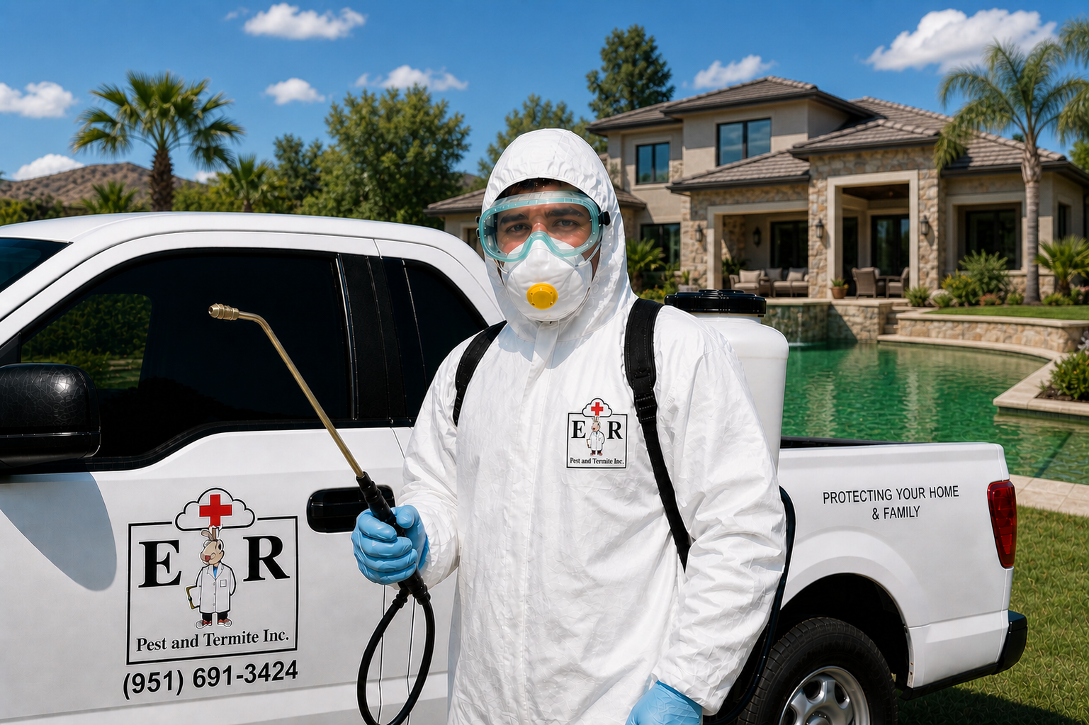 Ricardo from ER Pest and Termite in front of a green pool and house in CA