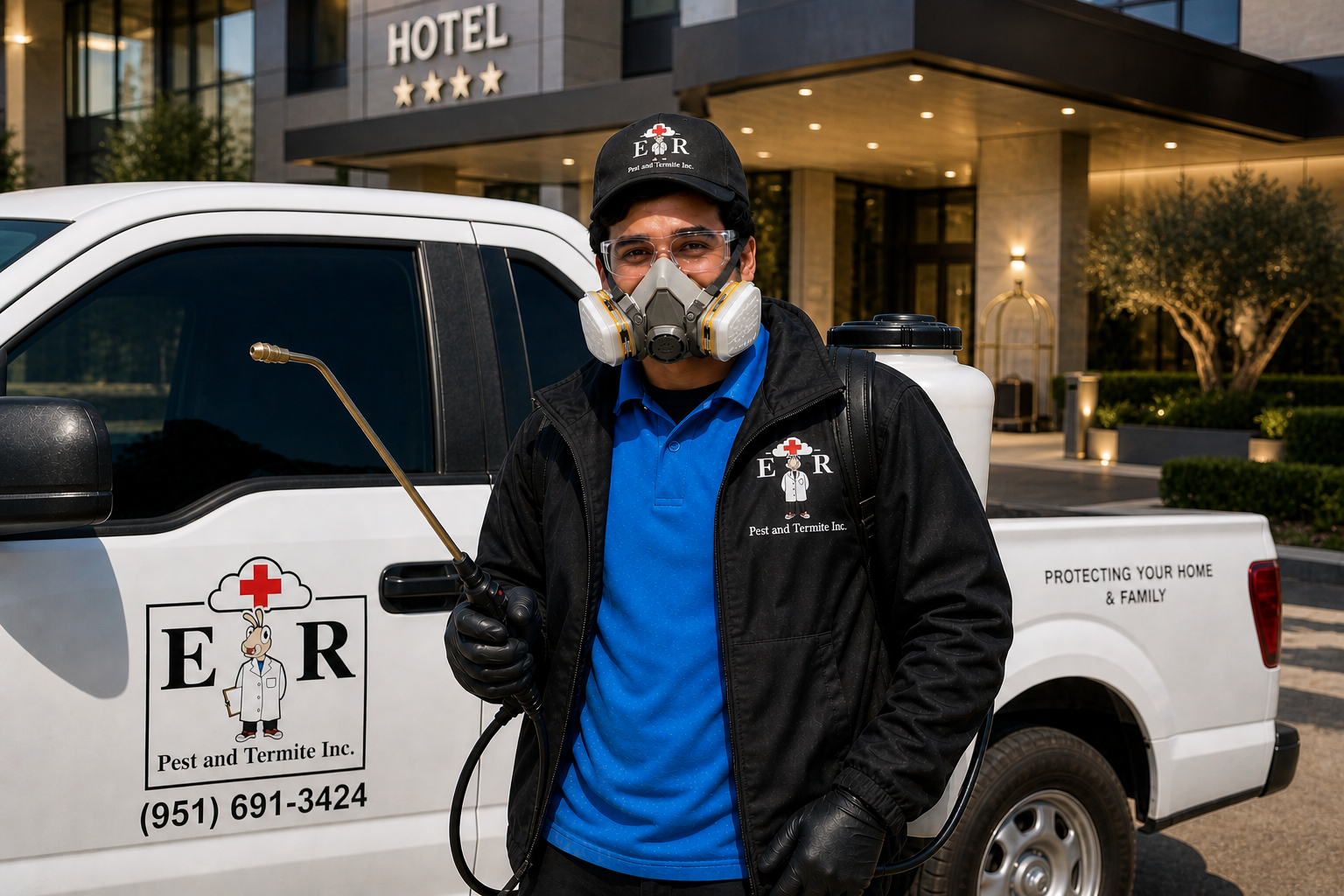 Ricardo from ER Pest and Termite in front of a hotel in San Bernardino, CA