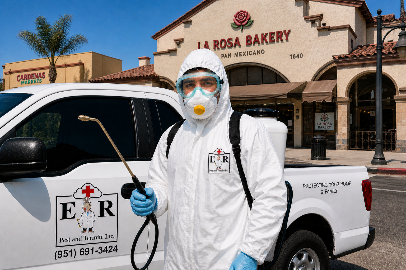 Ricardo from ER Pest and Termite stands in front of bakery ready to do mouse control